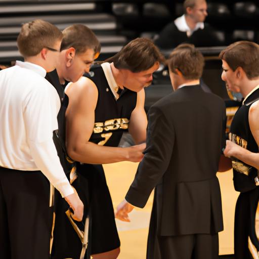 Intense discussion between the coach and players during a timeout in a pivotal Dordt men's basketball match.