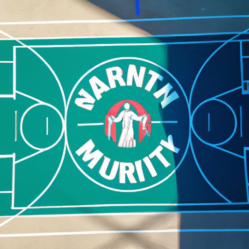 The iconic St. Mary's logo adorning the basketball court before a home game.