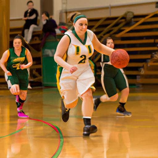 A skilled St. Vincent Women's Basketball player maneuvers past defenders with her impressive dribbling skills.