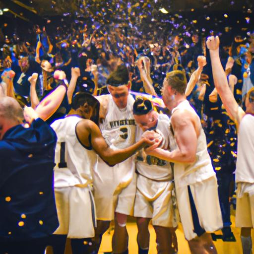 Trine Men's Basketball team rejoices after winning a thrilling tournament in front of a cheering crowd.
